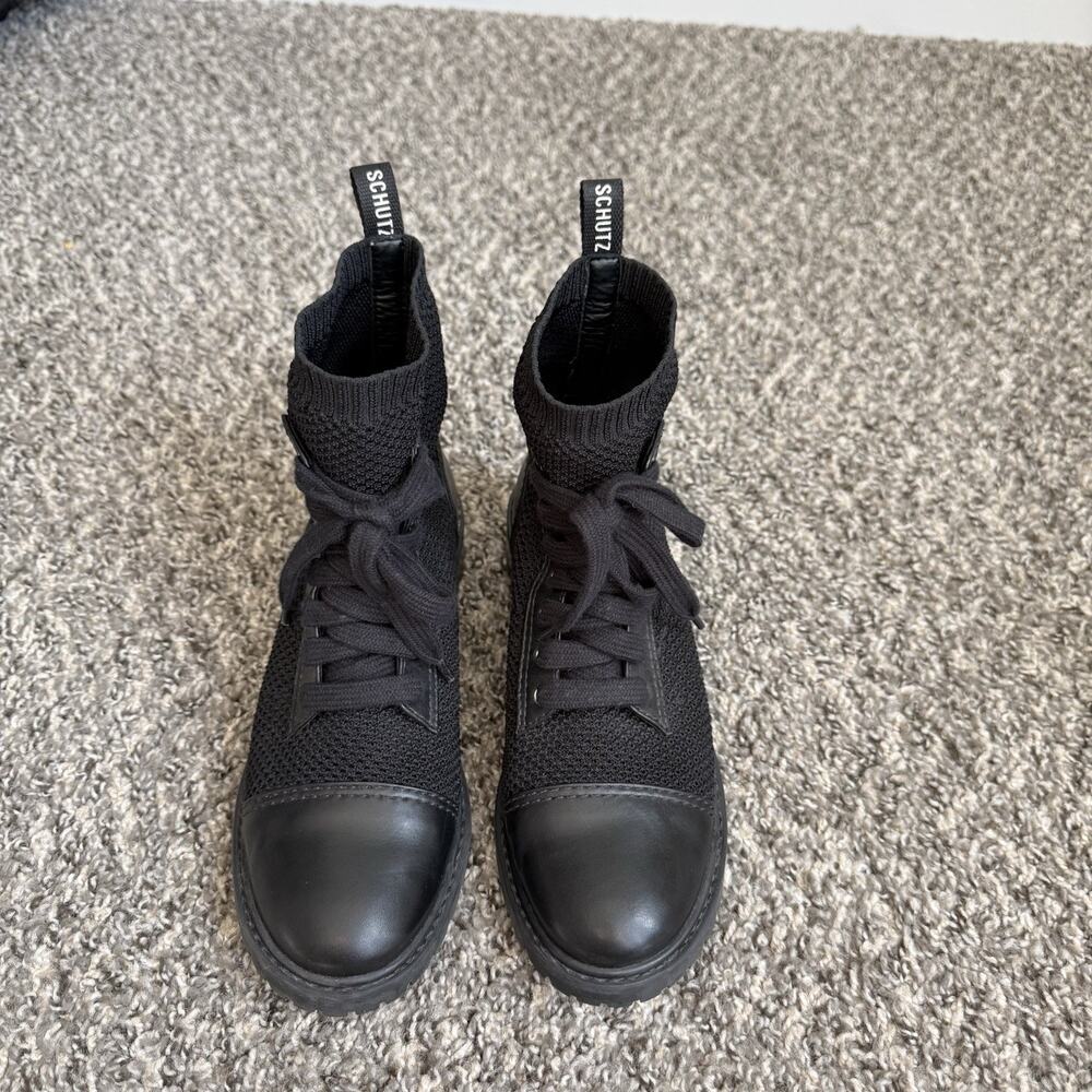 Schutz Aimee Black Leather Knit Combat Boots Lace Up Lug Sole Size 37 US 7 - Picture 3 of 7